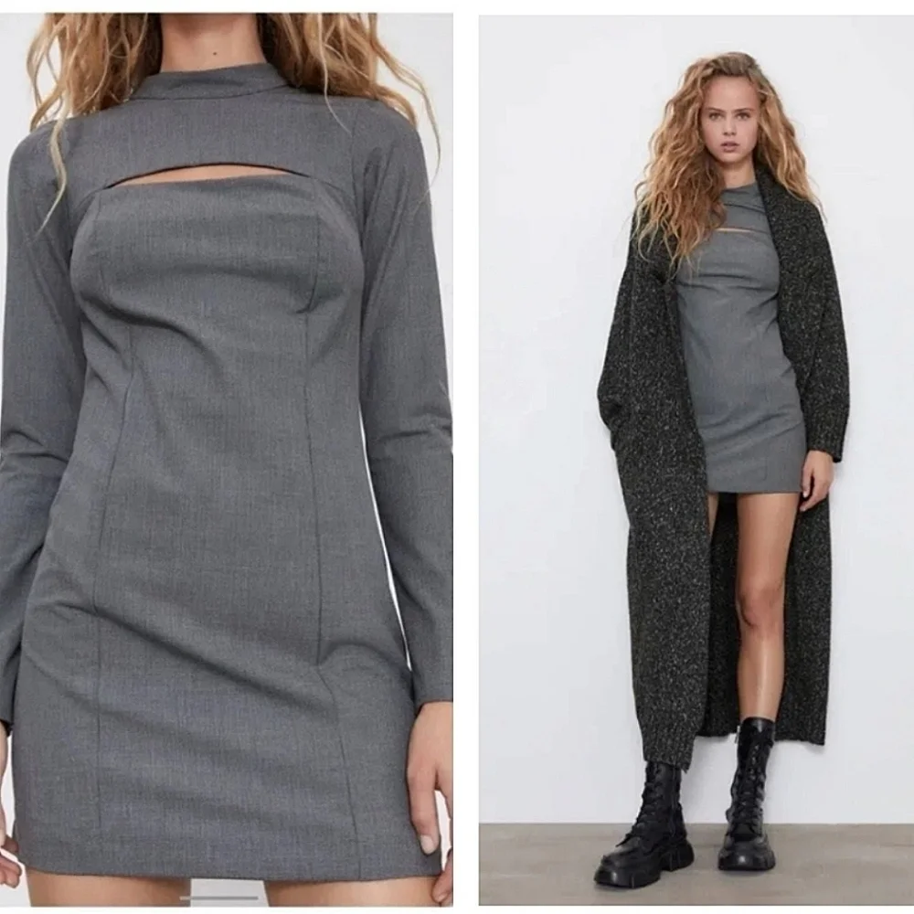 Zara gray front chest cut out Houndstooth sheath mini dress long sleeves size S - Picture 1 of 12